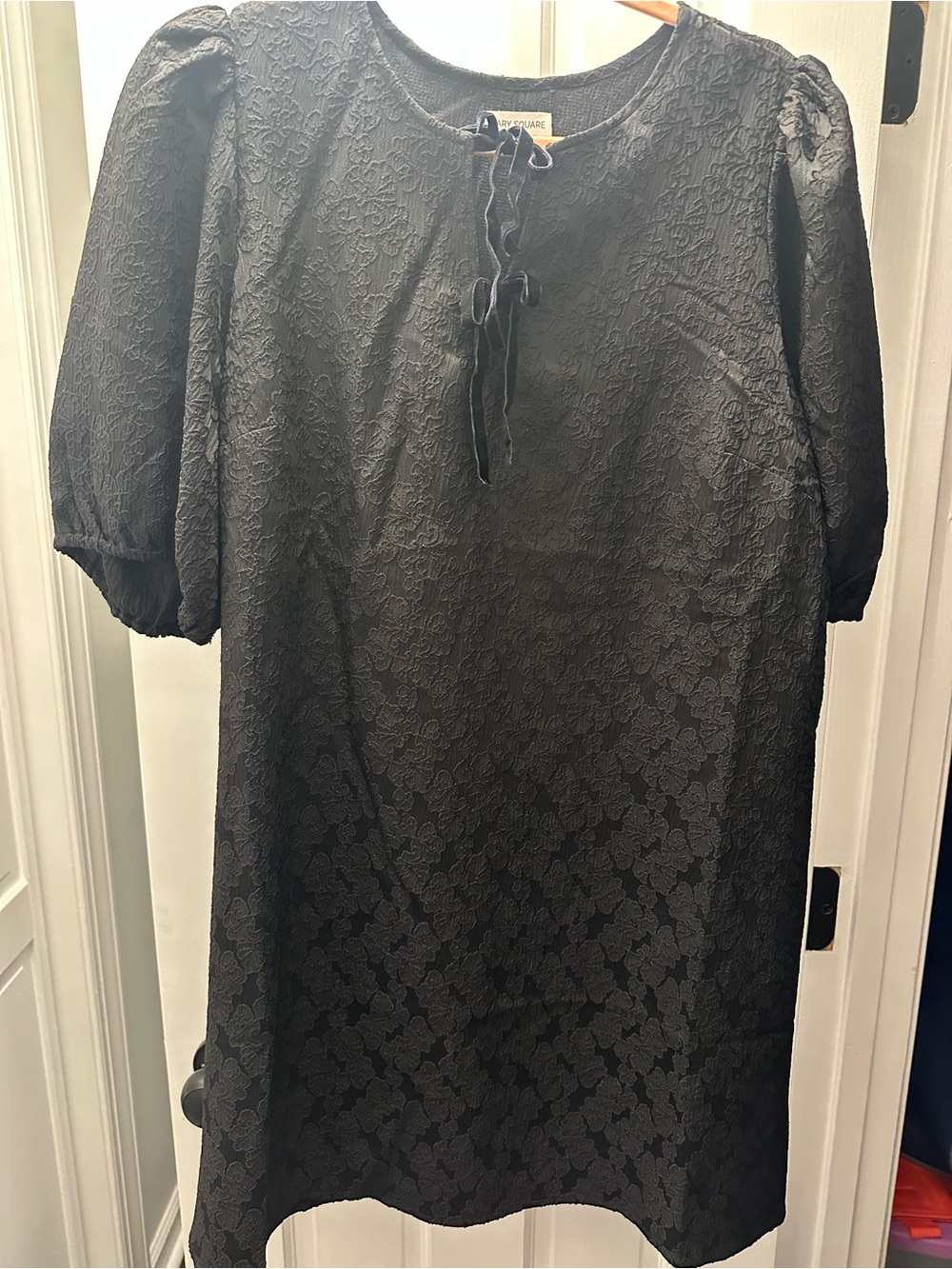 Black Textured Tie-Neck Mini Dress with Puff Sleeves